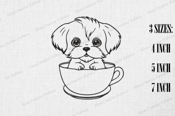 Cute Shih Tzu Dog in Coffee Cup Embroidery